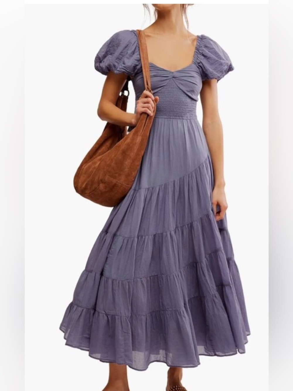 Free People Puff Sleeve or off shoulderTiered Midi Dress - Smocked Bodice